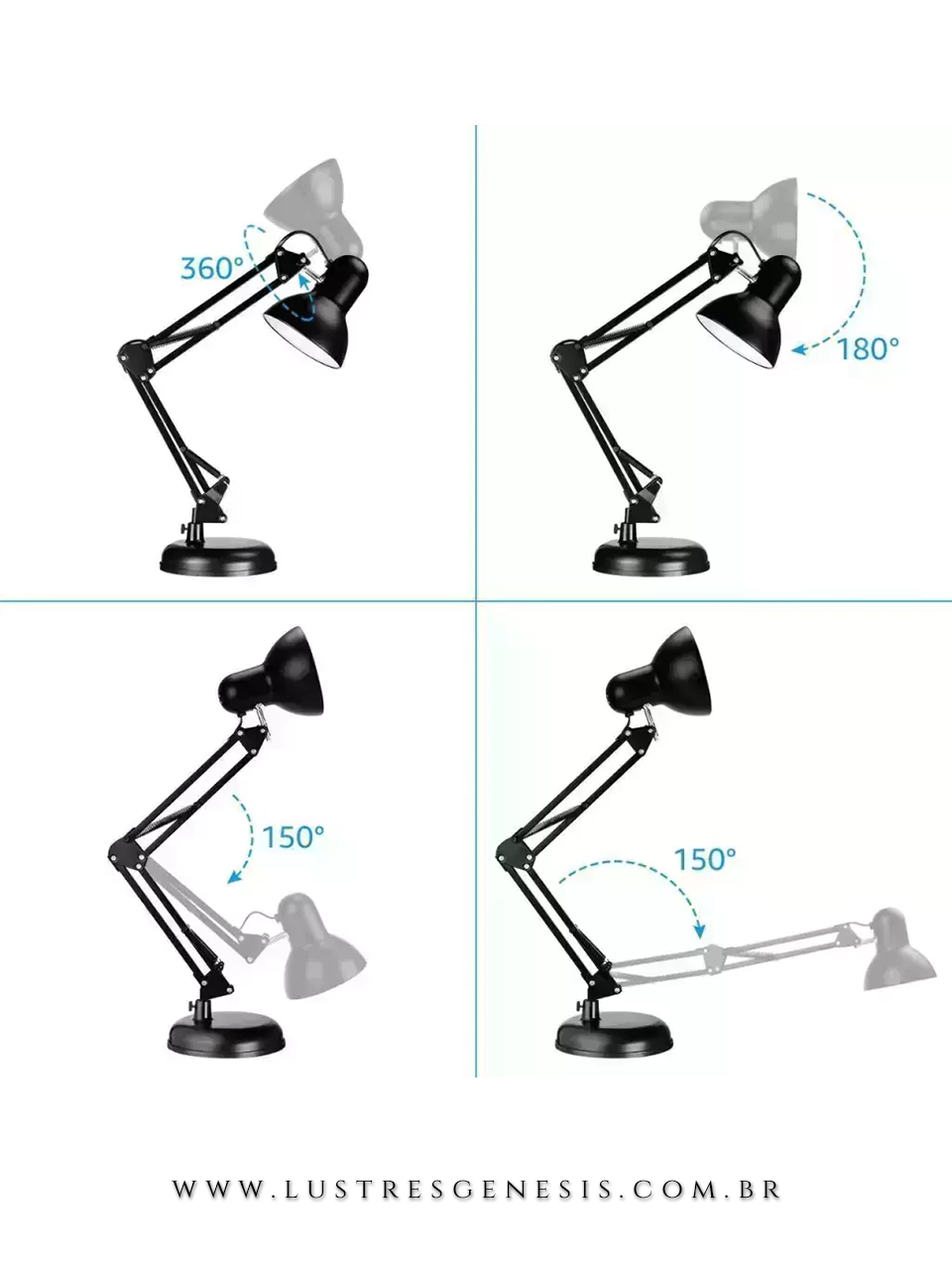 Luminária de mesa preta com design articulado para leitura e decoração. Lustres Gênesis loja online de Lustres e Iluminação Decorativa